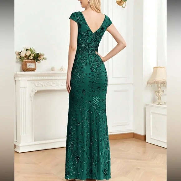 Luxe V neck sequin formal evening party dress